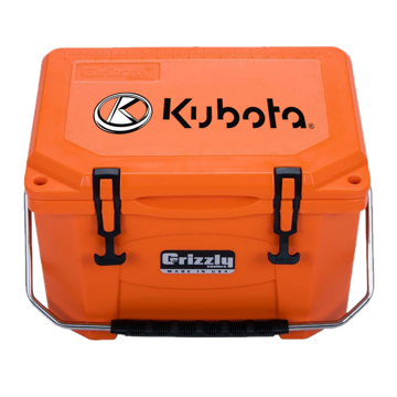 Orange Grizzly 20qt cooler with Kubota Logo on top lid