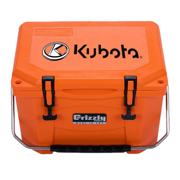 Orange Grizzly 20qt cooler with Kubota Logo on top lid