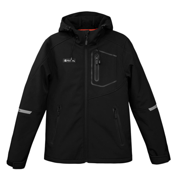 Black softshell jacket with hood on white background