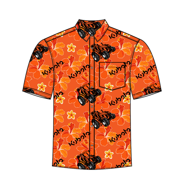 Front view of an orange and black shirt.  Shirt has a floral print with Kubota logo and tractors.