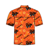 Back view of an orange and black shirt.  Shirt has a floral print with Kubota logo and tractors.