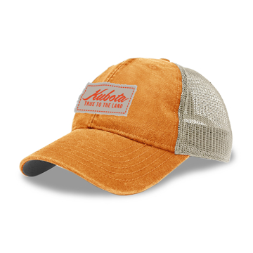 Orange washed cap with Kubota patch across the front. 