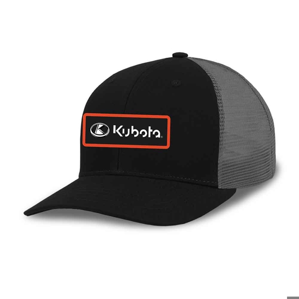 Black cap with Charcoal mesh and Kubota logo patch outlined in orange thread