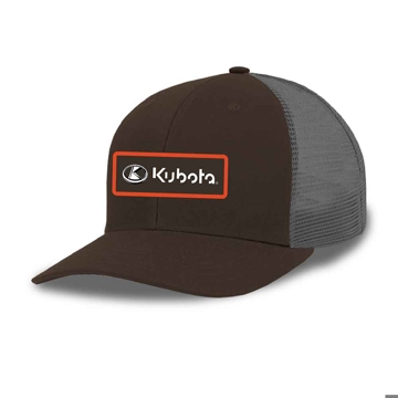 Brown and charcoal twill hat with Kubota patch with orange thread around boarder. 