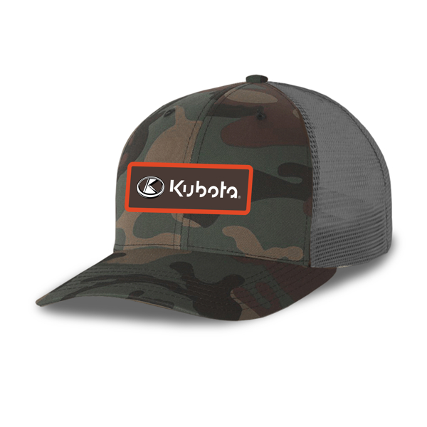 Woodland camo hat with Kubota patch with orange thread around patch