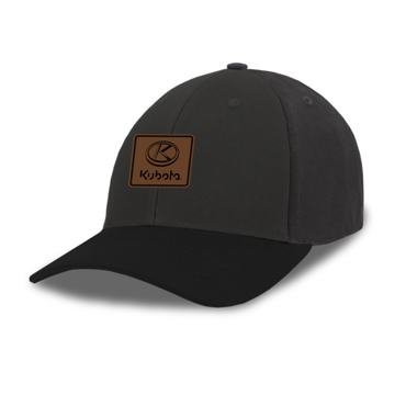 Charcoal Chino Twill hat with Leather Patch with Kubota logo, hat has a black bill 