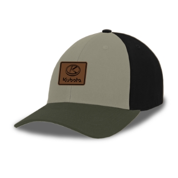 Pine, Stone, and Black colored tri toned Chino Twill hat with leather Kubota Patch 