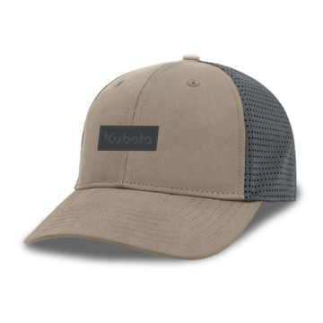 Tan and charcoal microfiber hat with charcoal Kubota patch 