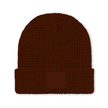 Crimson acrylic knit beanie with matching Kubota PVC patch