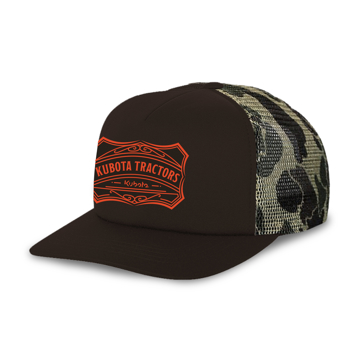 Brown and woodland camo mesh cap with Orange Kubota Patch