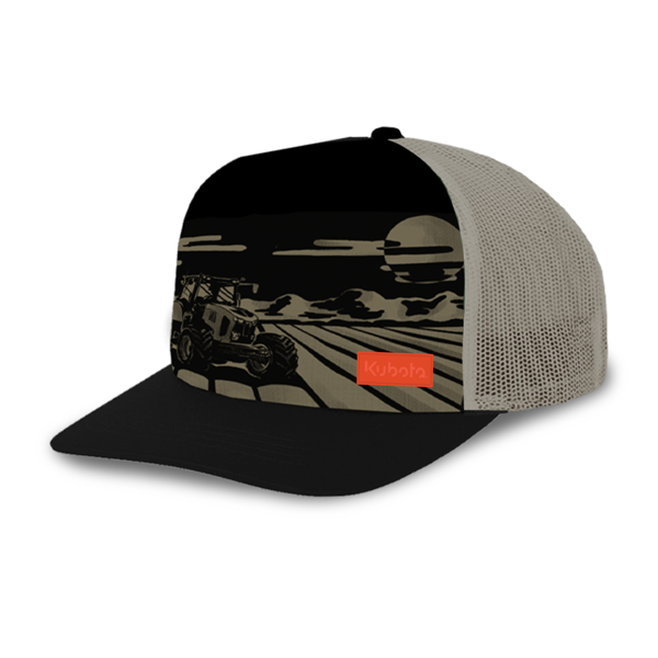 Kubota foam trucker hat with orange pvc kubota patch and kubota graphic on front bills. 