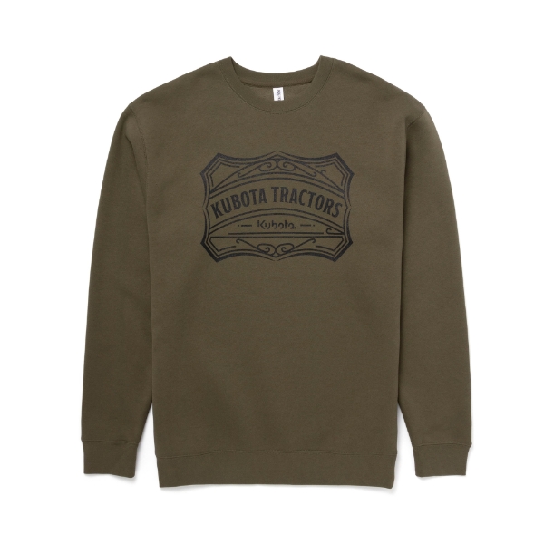 Army colored Crewneck with Kubota Belt Buckle Graphic on front