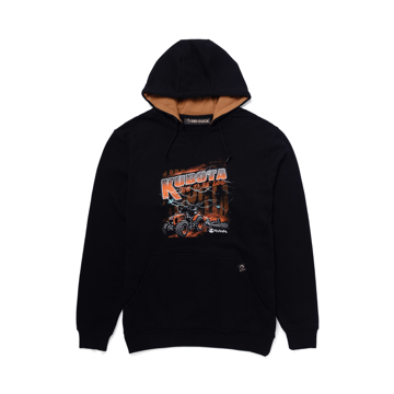 Kubota pullover hoodie with brown hood lining, Kubota Tractor graphic on front