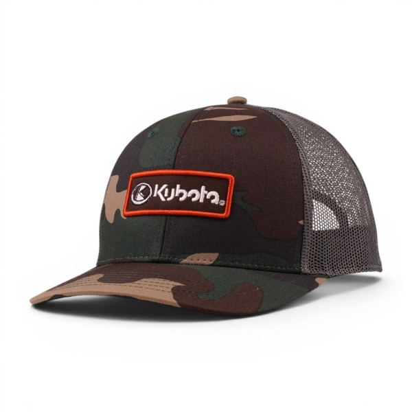 Command Cap with camouflage front panels, charcoal mesh back, and embroidered Kubota logo patch