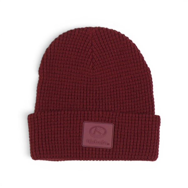 Crimson Knit Cap with tonal Kubota silicone logo patch on folded cuff